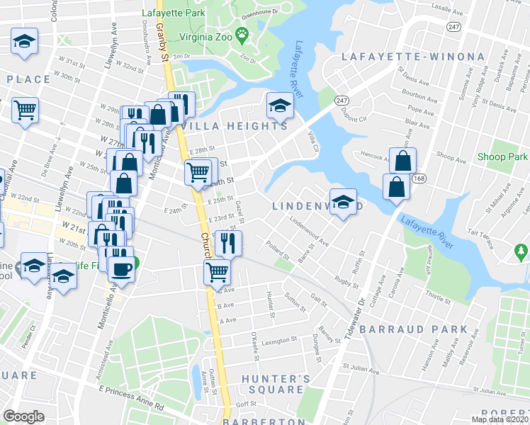 map of restaurants, bars, coffee shops, grocery stores, and more near 2423 West Avenue in Norfolk