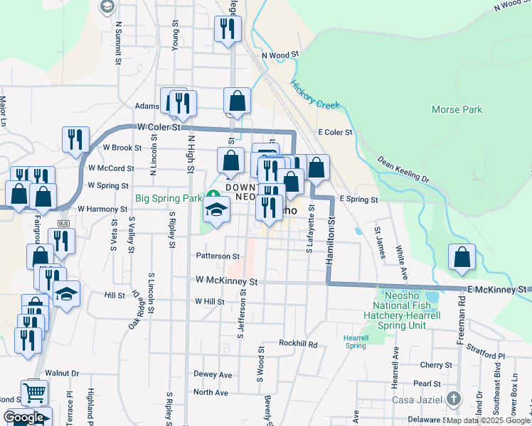 map of restaurants, bars, coffee shops, grocery stores, and more near in Neosho