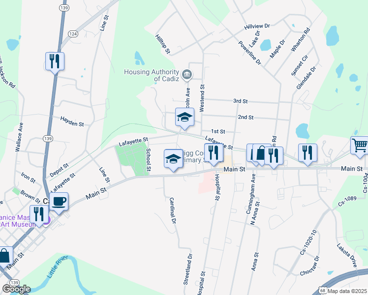 map of restaurants, bars, coffee shops, grocery stores, and more near 203 Main Street in Cadiz