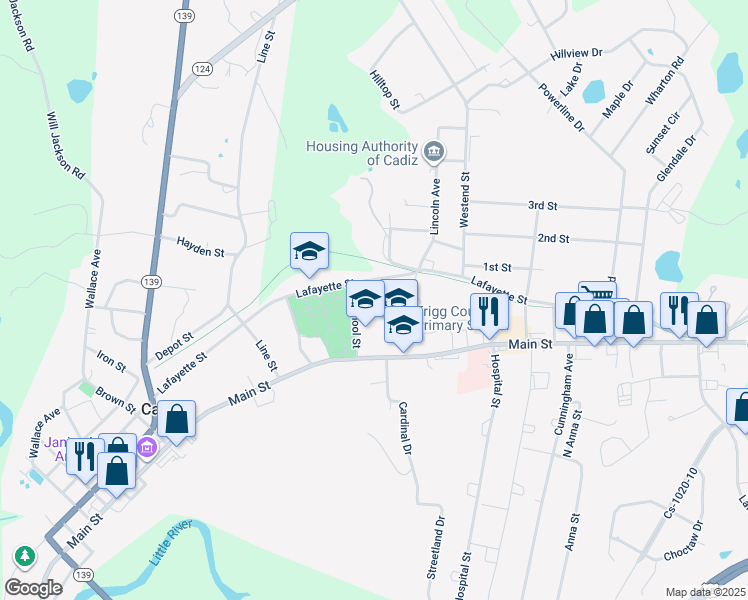 map of restaurants, bars, coffee shops, grocery stores, and more near 203 Main Street in Cadiz