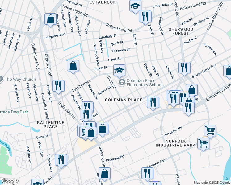 map of restaurants, bars, coffee shops, grocery stores, and more near 2427 Rush Street in Norfolk