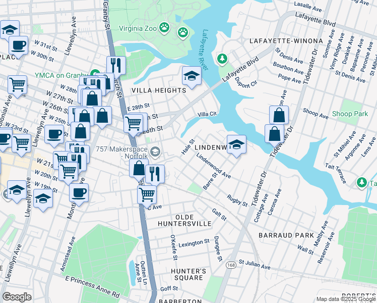 map of restaurants, bars, coffee shops, grocery stores, and more near 2426 Hale Street in Norfolk