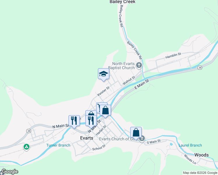 map of restaurants, bars, coffee shops, grocery stores, and more near 139 Keister Street in Evarts
