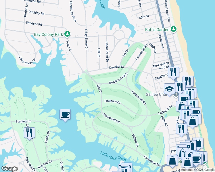 map of restaurants, bars, coffee shops, grocery stores, and more near 103 Dogwood Road in Virginia Beach