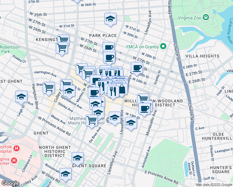 map of restaurants, bars, coffee shops, grocery stores, and more near in Norfolk