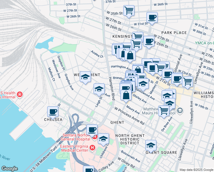 map of restaurants, bars, coffee shops, grocery stores, and more near 1014 Shirley Avenue in Norfolk