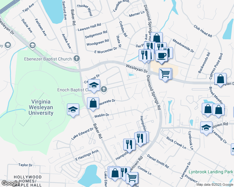 map of restaurants, bars, coffee shops, grocery stores, and more near 807 Admissions Court in Virginia Beach