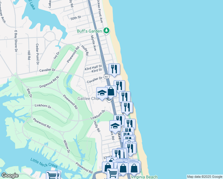 map of restaurants, bars, coffee shops, grocery stores, and more near 4004 Atlantic Avenue in Virginia Beach