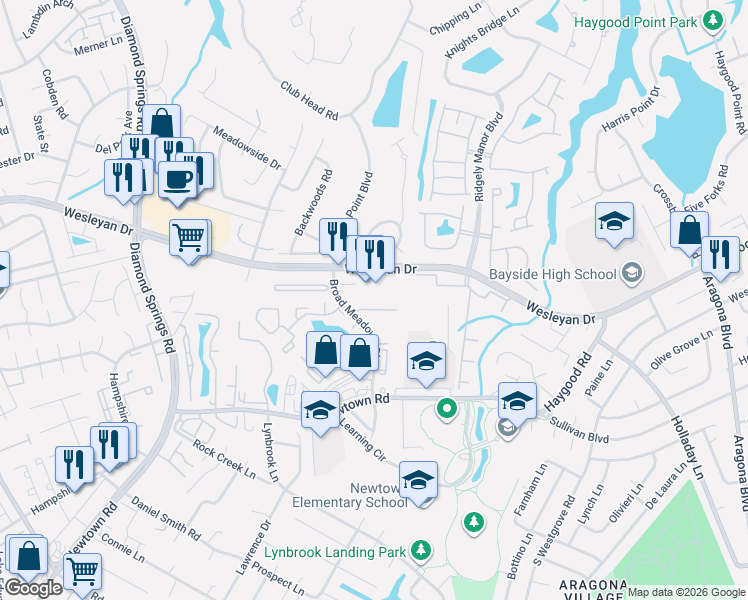 map of restaurants, bars, coffee shops, grocery stores, and more near 816 Broad Meadows Court in Virginia Beach