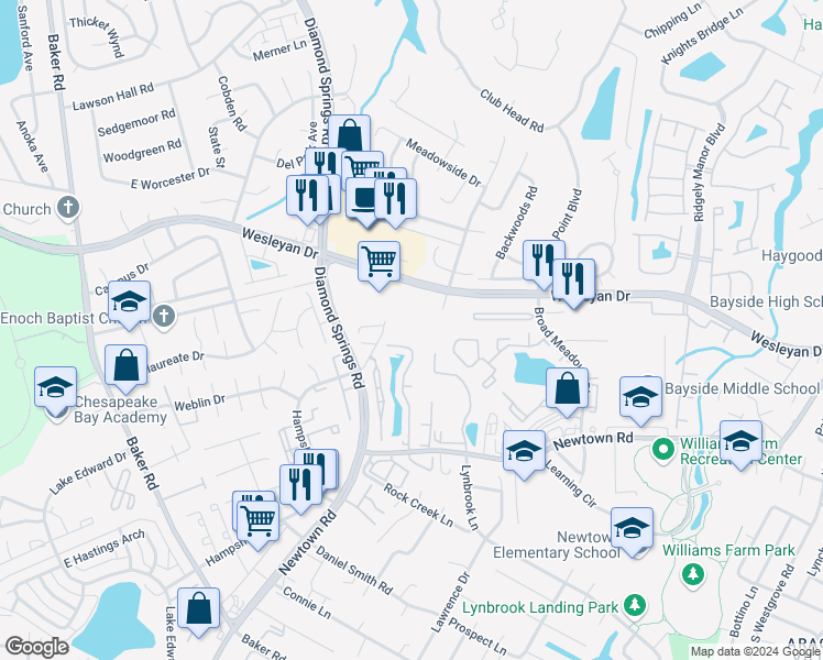 map of restaurants, bars, coffee shops, grocery stores, and more near 1032 Gas Light Lane in Virginia Beach