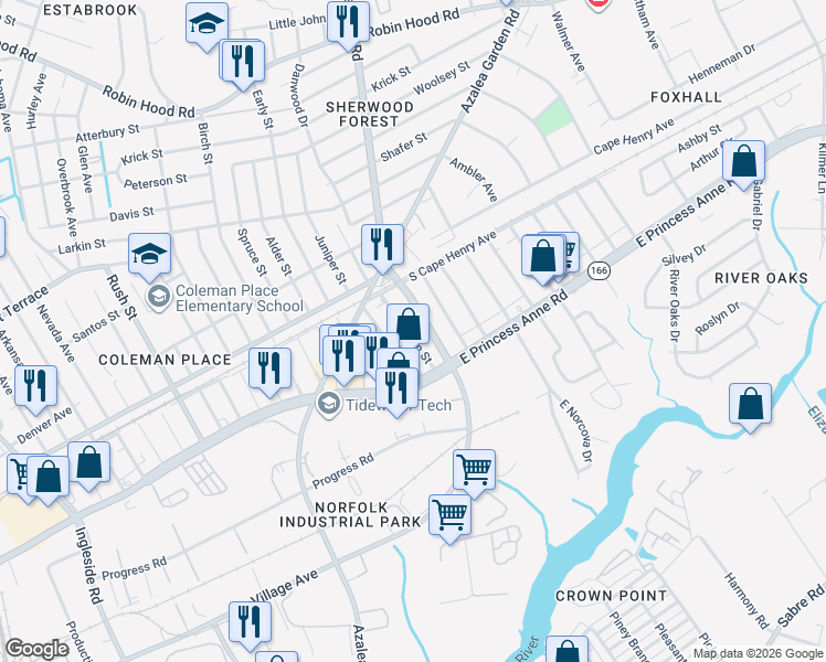 map of restaurants, bars, coffee shops, grocery stores, and more near 1530 Juniper Street in Norfolk