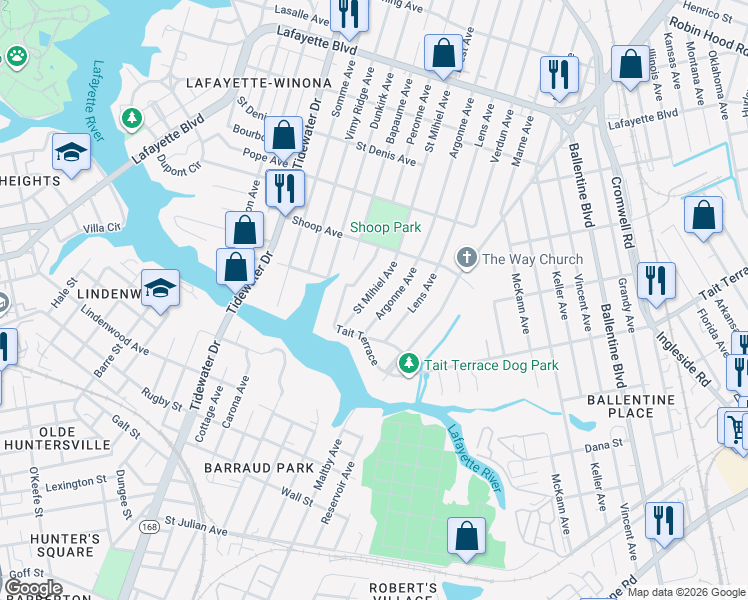 map of restaurants, bars, coffee shops, grocery stores, and more near 2627 Argonne Avenue in Norfolk