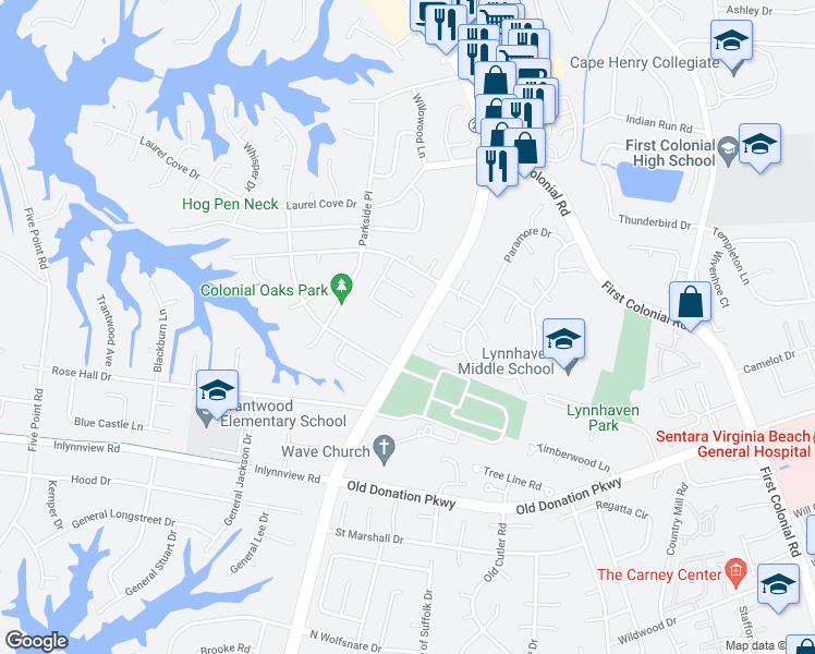 map of restaurants, bars, coffee shops, grocery stores, and more near 2201 Hunters Wood Way in Virginia Beach