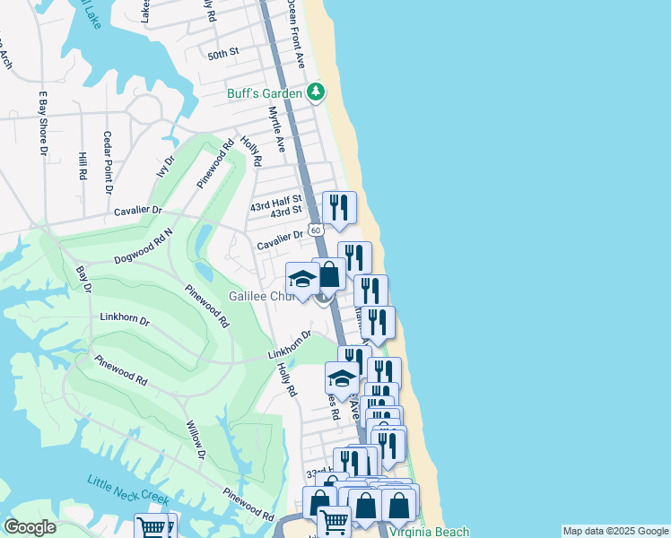 map of restaurants, bars, coffee shops, grocery stores, and more near 4004 Atlantic Avenue in Virginia Beach
