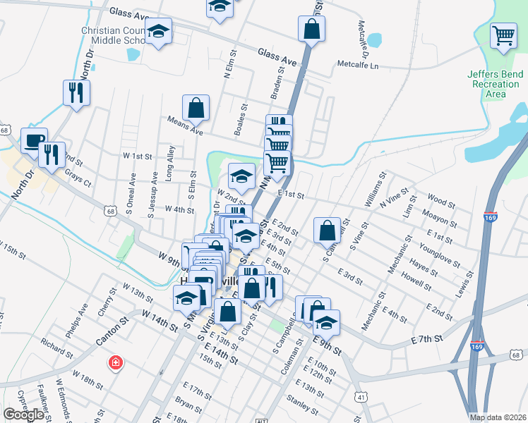 map of restaurants, bars, coffee shops, grocery stores, and more near 137 South Virginia Street in Hopkinsville