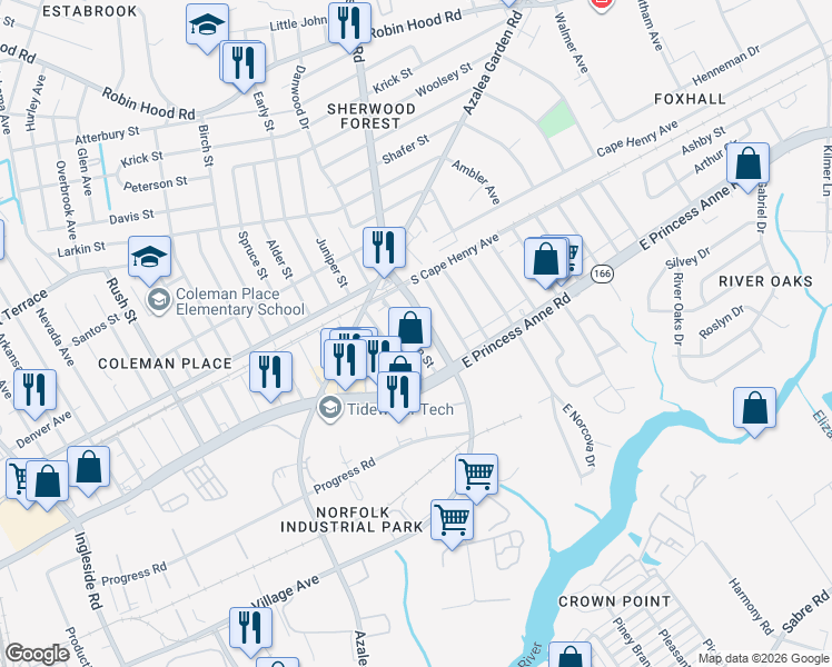 map of restaurants, bars, coffee shops, grocery stores, and more near 1530 Juniper Street in Norfolk