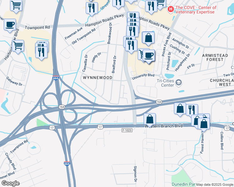 map of restaurants, bars, coffee shops, grocery stores, and more near 5909 Old College Drive in Suffolk
