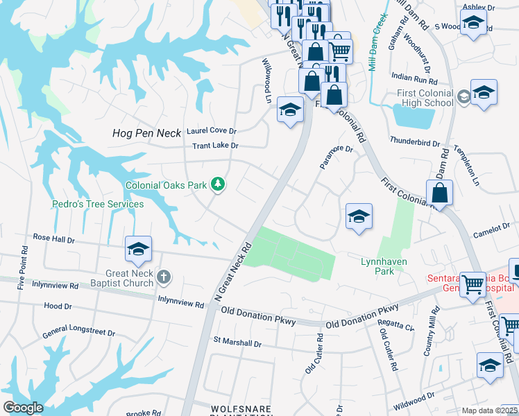 map of restaurants, bars, coffee shops, grocery stores, and more near 2201 Hunters Wood Way in Virginia Beach