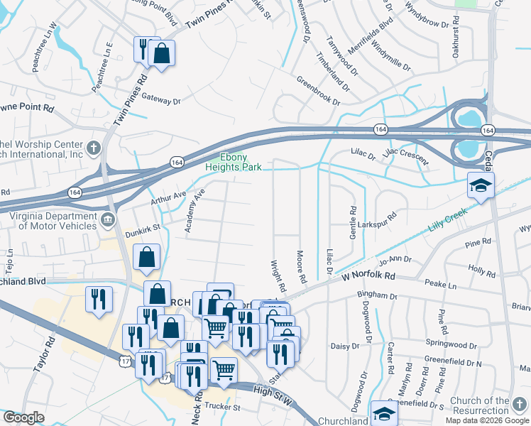 map of restaurants, bars, coffee shops, grocery stores, and more near 3608 Wright Road in Portsmouth
