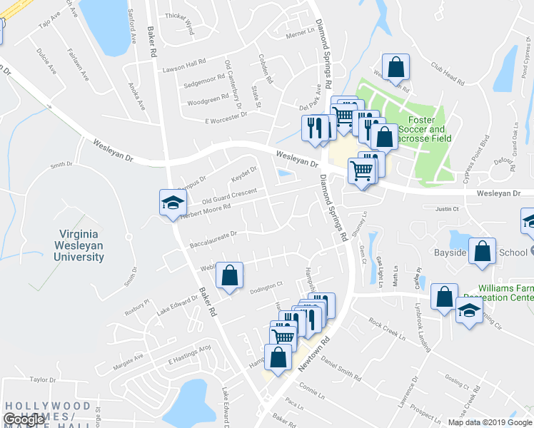map of restaurants, bars, coffee shops, grocery stores, and more near 5425 Campus Drive in Virginia Beach