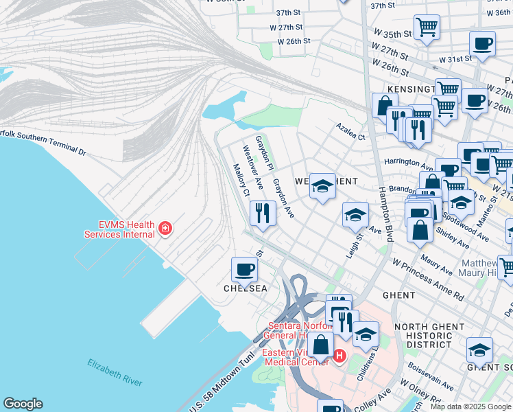 map of restaurants, bars, coffee shops, grocery stores, and more near 1310 Mallory Court in Norfolk