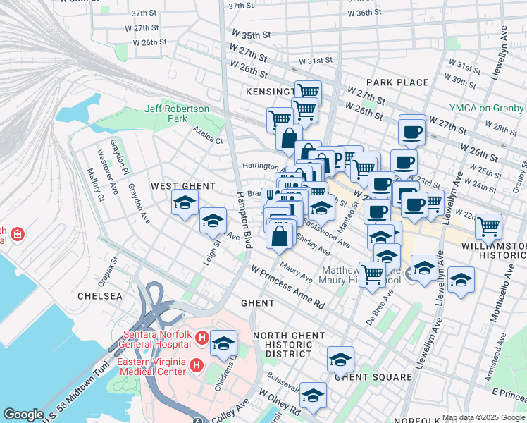 map of restaurants, bars, coffee shops, grocery stores, and more near 911 Spotswood Avenue in Norfolk