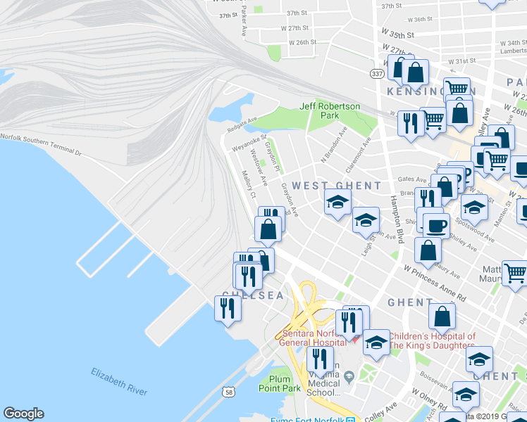 map of restaurants, bars, coffee shops, grocery stores, and more near 1310 Mallory Court in Norfolk
