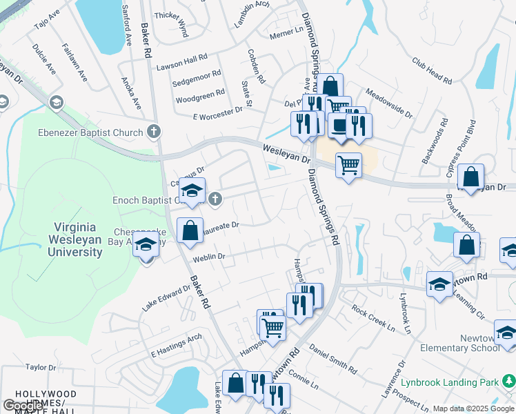 map of restaurants, bars, coffee shops, grocery stores, and more near 5425 Campus Drive in Virginia Beach
