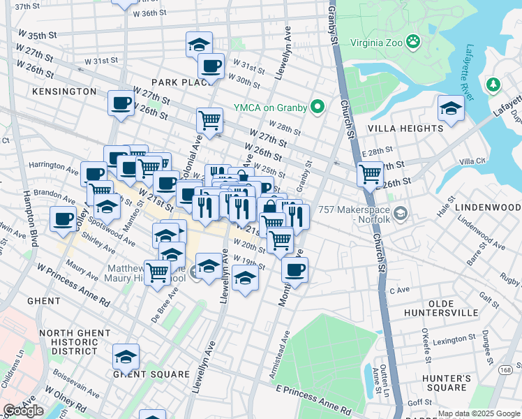 map of restaurants, bars, coffee shops, grocery stores, and more near 222 West 21st Street in Norfolk