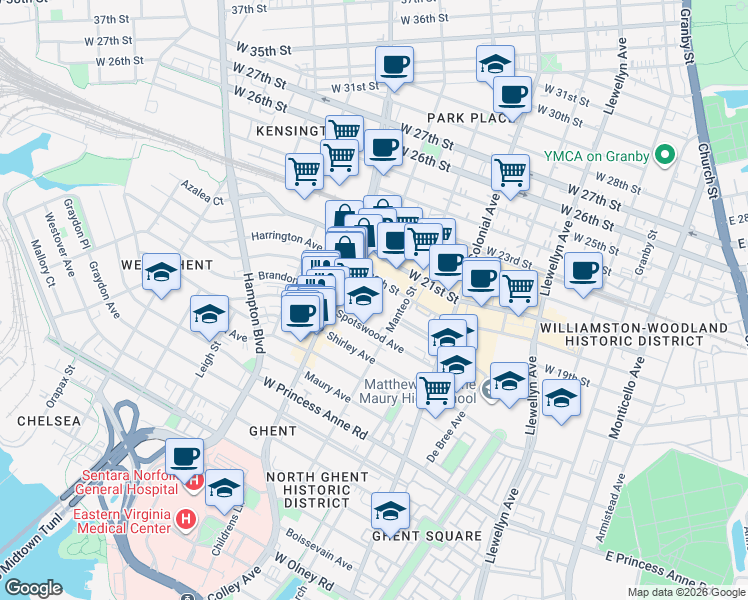 map of restaurants, bars, coffee shops, grocery stores, and more near 730 Spotswood Avenue in Norfolk