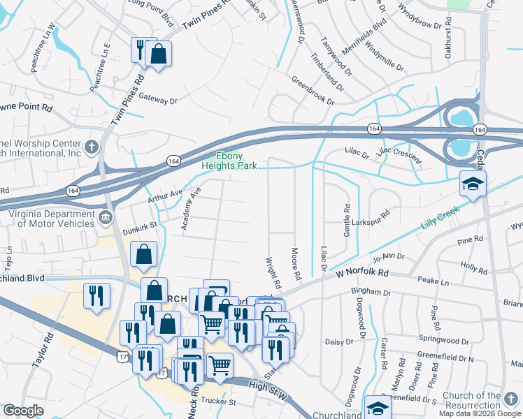 map of restaurants, bars, coffee shops, grocery stores, and more near 3608 Wright Road in Portsmouth