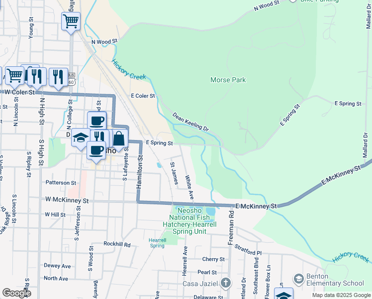 map of restaurants, bars, coffee shops, grocery stores, and more near 201-399 White Ave in Neosho