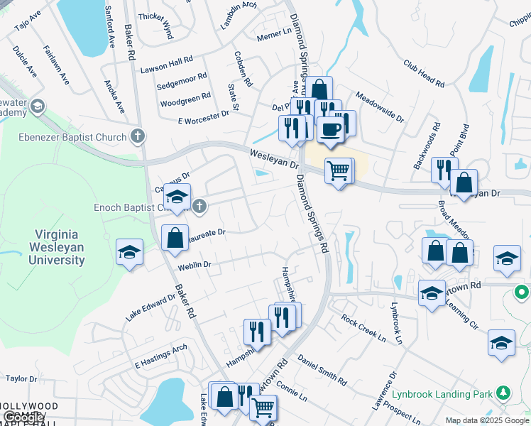 map of restaurants, bars, coffee shops, grocery stores, and more near 5530 Baccalaureate Drive in Virginia Beach