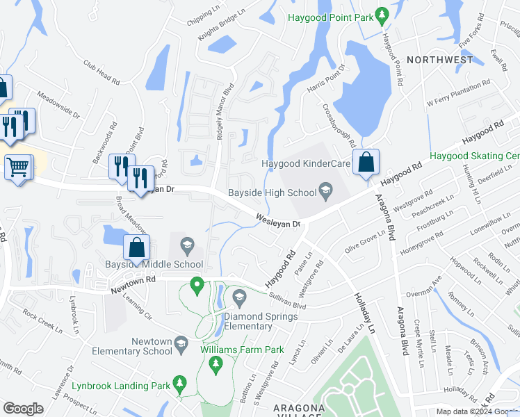 map of restaurants, bars, coffee shops, grocery stores, and more near 1013 Gamston Lane in Virginia Beach