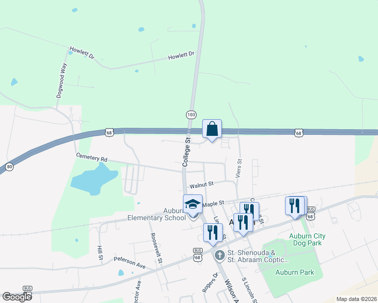 map of restaurants, bars, coffee shops, grocery stores, and more near 426 North College Street in Auburn