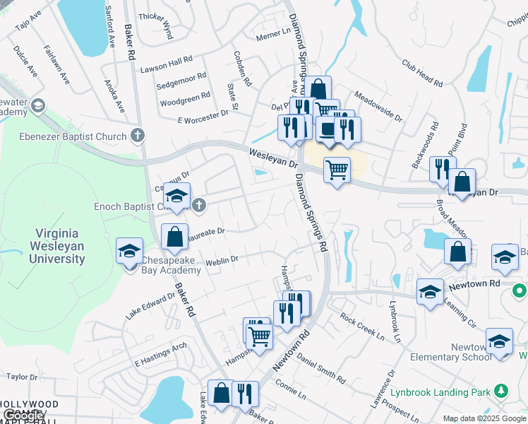 map of restaurants, bars, coffee shops, grocery stores, and more near 5530 Baccalaureate Drive in Virginia Beach