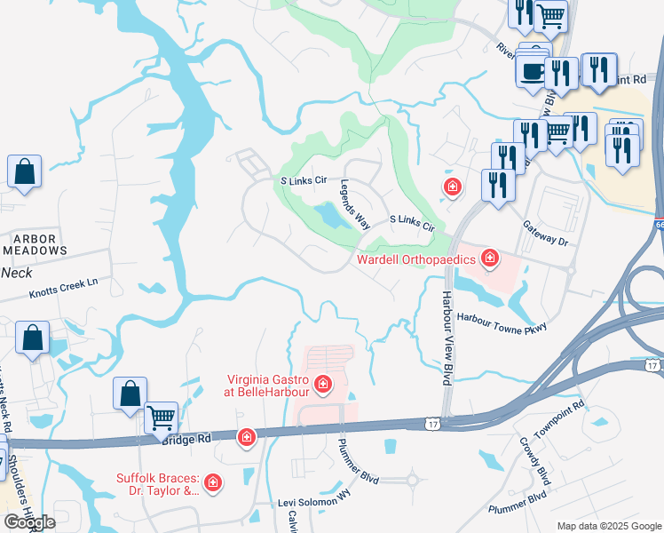 map of restaurants, bars, coffee shops, grocery stores, and more near 5030 South Links Circle in Suffolk