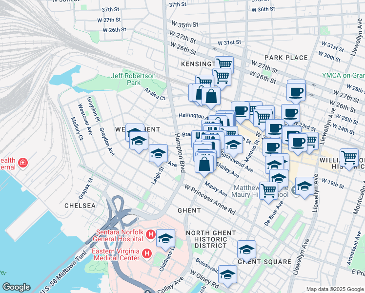 map of restaurants, bars, coffee shops, grocery stores, and more near 921 Spotswood Avenue in Norfolk
