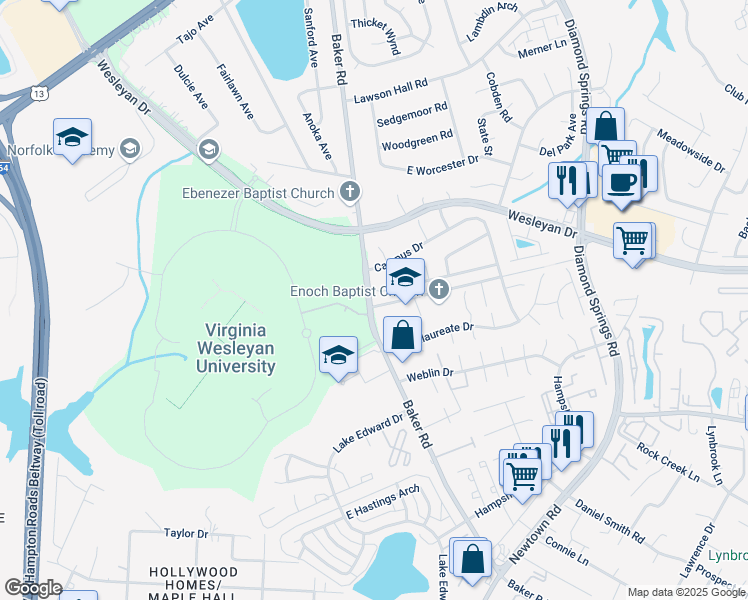 map of restaurants, bars, coffee shops, grocery stores, and more near 5639 Old Guard Crescent in Virginia Beach