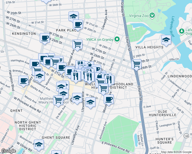 map of restaurants, bars, coffee shops, grocery stores, and more near 222 West 21st Street in Norfolk