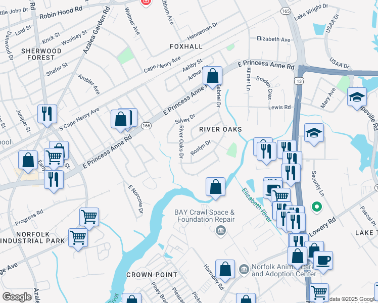 map of restaurants, bars, coffee shops, grocery stores, and more near 5320 Roslyn Drive in Norfolk