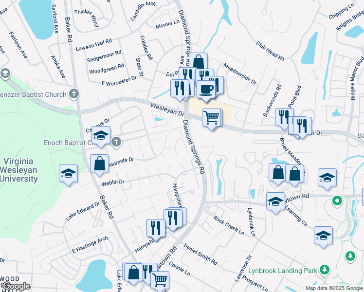 map of restaurants, bars, coffee shops, grocery stores, and more near 825 Tuition Drive in Virginia Beach