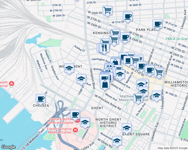map of restaurants, bars, coffee shops, grocery stores, and more near 1514 Hampton Boulevard in Norfolk