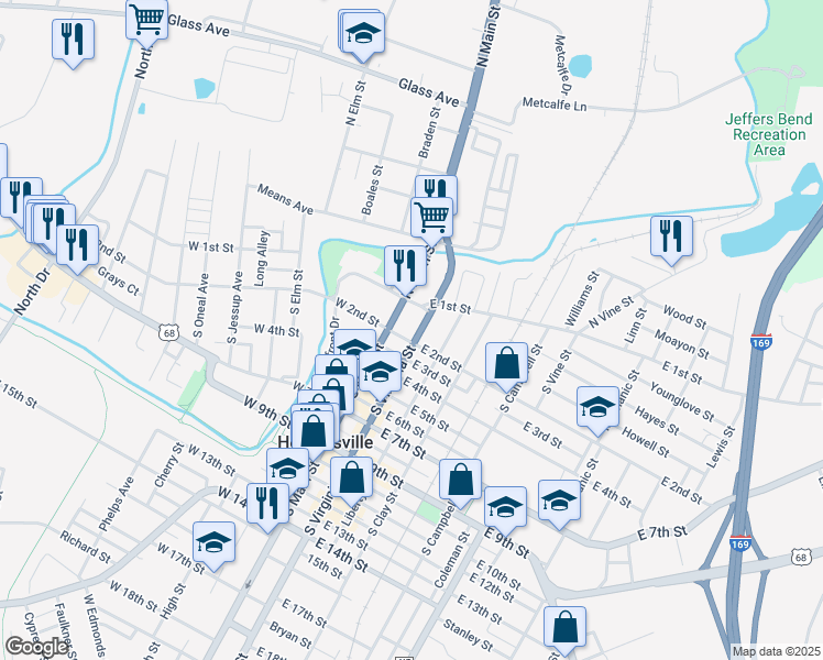 map of restaurants, bars, coffee shops, grocery stores, and more near 100-198 E 3rd St in Hopkinsville