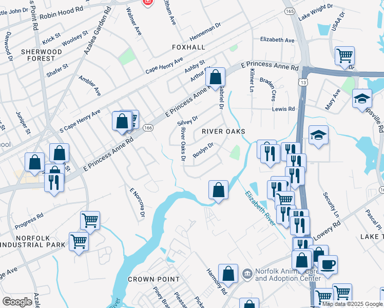 map of restaurants, bars, coffee shops, grocery stores, and more near 5320 Roslyn Drive in Norfolk