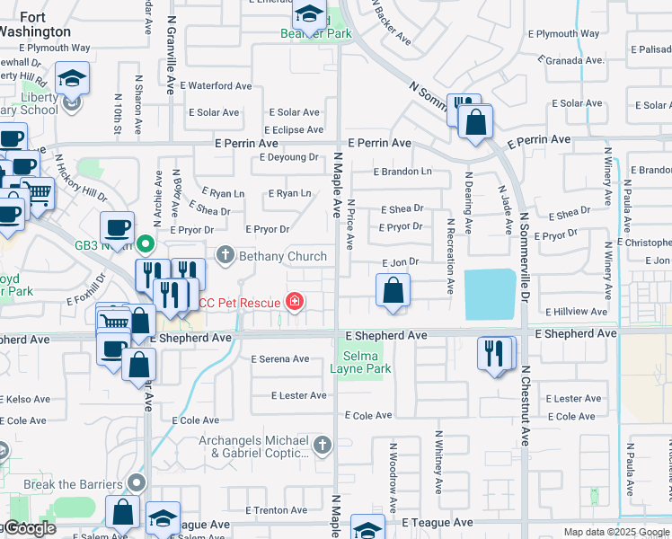 map of restaurants, bars, coffee shops, grocery stores, and more near 9161 North Maple Avenue in Fresno