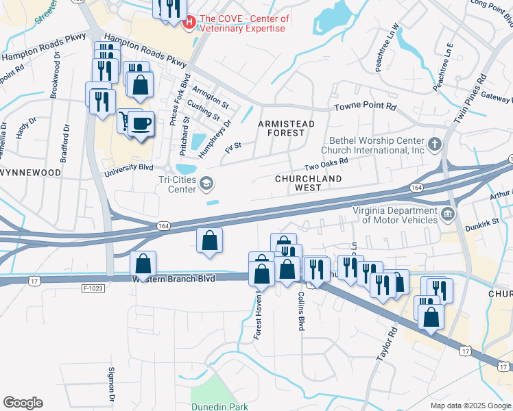 map of restaurants, bars, coffee shops, grocery stores, and more near 3957 Old Farm Rd in Portsmouth