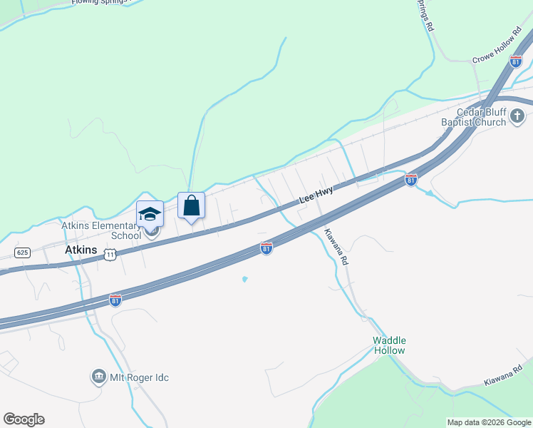 map of restaurants, bars, coffee shops, grocery stores, and more near U.S. 11 in Atkins
