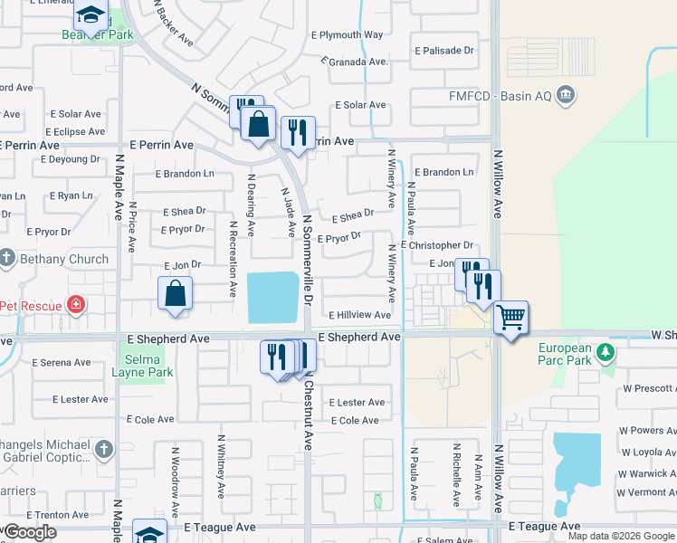 map of restaurants, bars, coffee shops, grocery stores, and more near 2575 East Yeargin Drive in Fresno