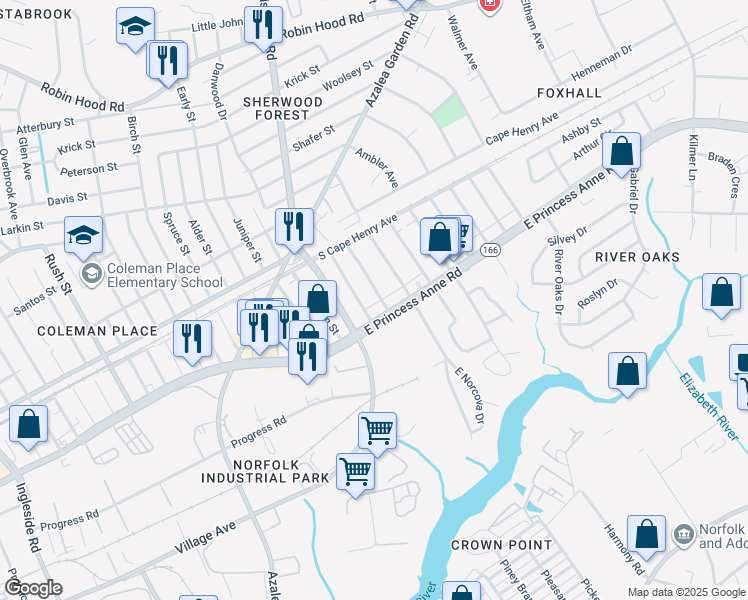 map of restaurants, bars, coffee shops, grocery stores, and more near 4830 East Princess Anne Road in Norfolk